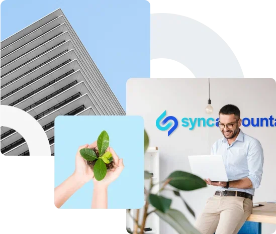 Overview of Sync Accountants services with images of a building, hands holding a plant, and a person working on a laptop