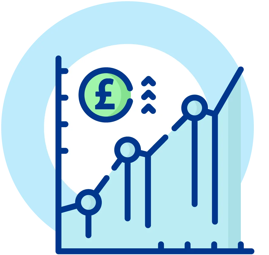 Icon representing financial growth with a graph and pound symbol