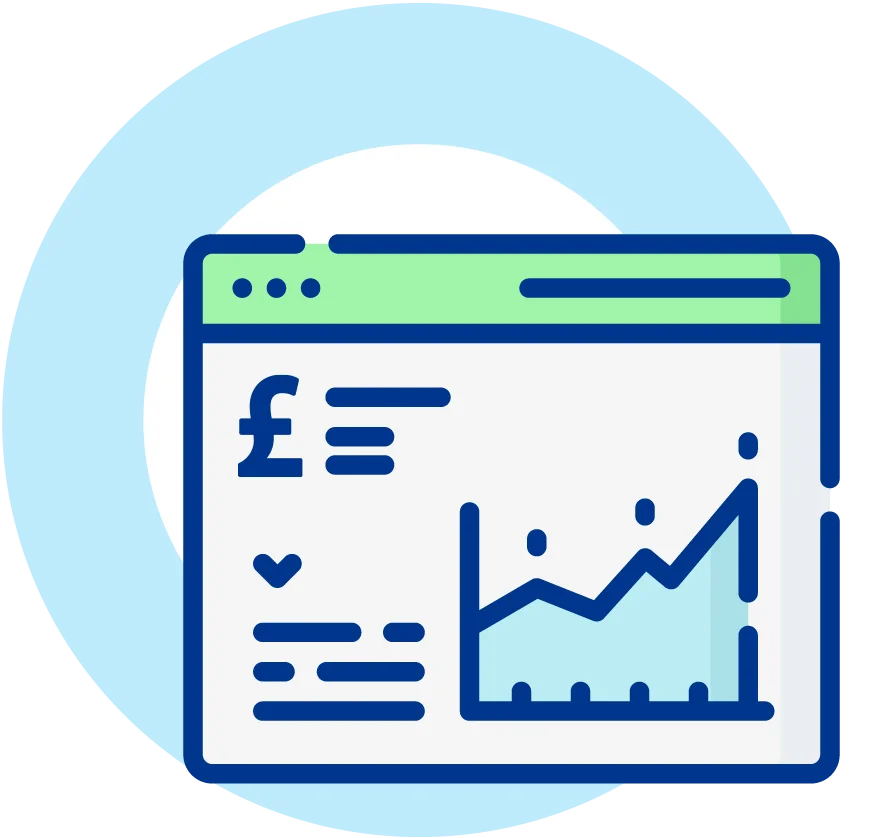 Icon representing a financial report with a graph and pound symbol