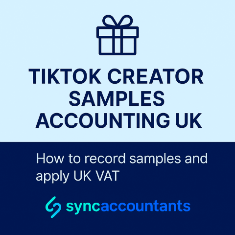 TikTok creator samples accounting UK thumbnail – blue and white design with gift box icon, headline text, and subheading on UK VAT rules.