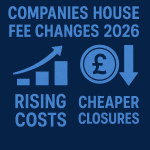 “A dark blue graphic titled ‘Companies House Fee Changes 2026’. On the left, a bar chart with an upward arrow represents rising costs. On the right, a pound symbol inside a circle and a downward arrow represent cheaper company closures. The text ‘Rising Costs’ appears under the chart and ‘Cheaper Closures’ appears under the pound symbol.
