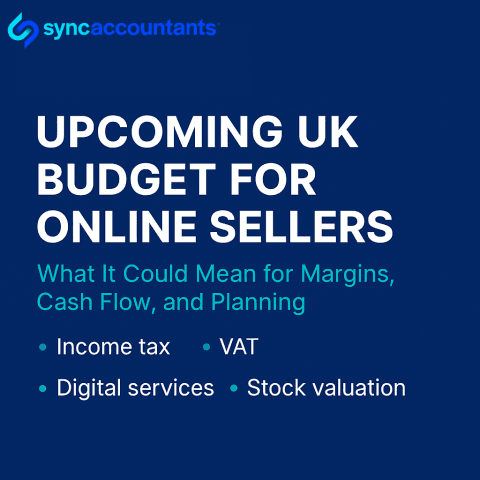Upcoming UK Budget for Online Sellers: What It Could Mean for Margins, Cash Flow, and Planning 4 Sync Accountants graphic with a dark blue background. The Sync Accountants logo appears at the top left. Large white text reads ‘Upcoming UK Budget for Online Sellers.’ Smaller teal text underneath says ‘What It Could Mean for Margins, Cash Flow, and Planning.’ Bullet points list income tax, VAT, digital services, and stock valuation.