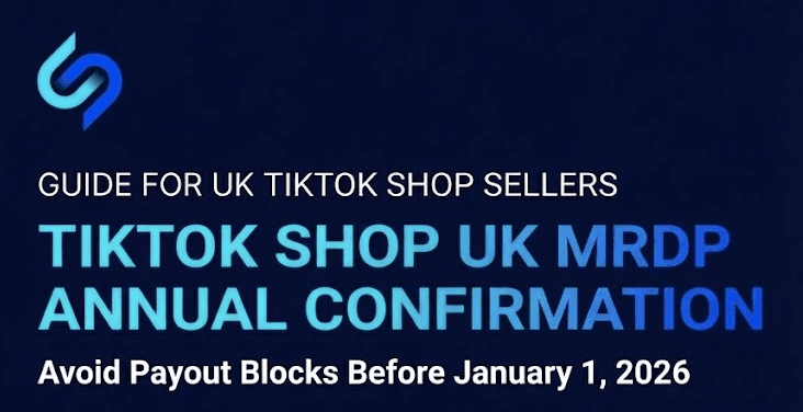 Urgent deadline graphic for TikTok Shop UK MRDP annual confirmation featuring a December 31 calendar with a "Deadline Today" stamp and an alarm clock in cyan and blue brand colors, warning sellers to act now to avoid payout blocks.