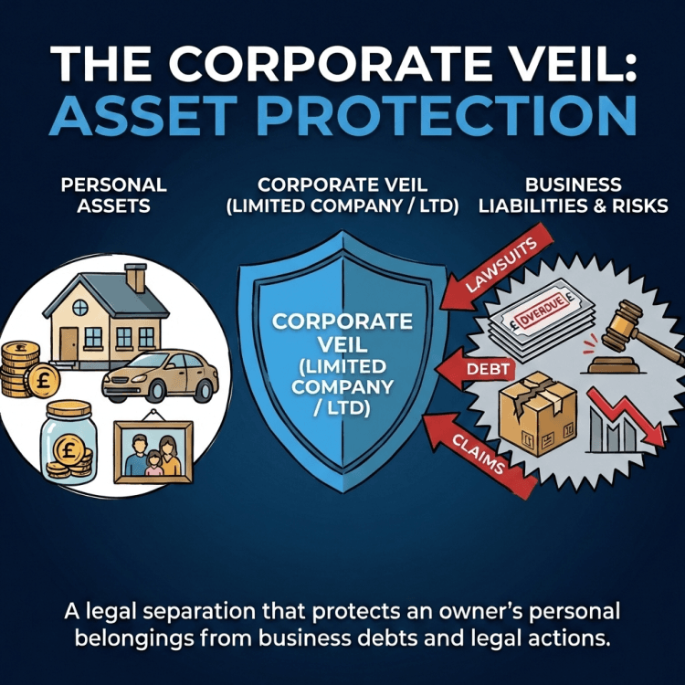 Infographic illustrating the corporate veil concept where a business entity acts as a shield protecting personal assets from business liabilities and lawsuits.