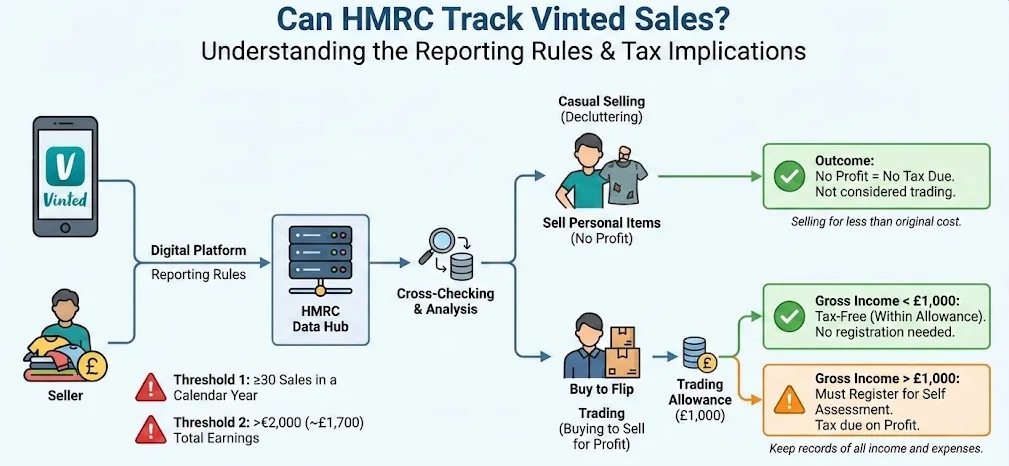 An infographic titled "Can HMRC Track Vinted Sales? Understanding the Reporting Rules & Tax Implications" explaining UK tax rules for online sellers.The flow begins with Vinted and the Seller sending data to the HMRC Data Hub via "Digital Platform Reporting Rules." This occurs if thresholds are met: 30+ sales in a calendar year or €2,000 (~£1,700) in total earnings.