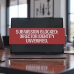 Laptop screen displaying a large red warning banner reading 'SUBMISSION BLOCKED: DIRECTOR IDENTITY UNVERIFIED', illustrating the Companies House identity verification penalty for business owners.