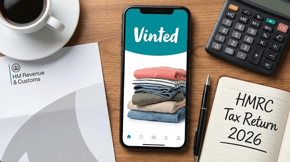 Professional and clean flat-lay of a smartphone and laptop used for online selling, representing tax compliance and Vinted sales tracking.