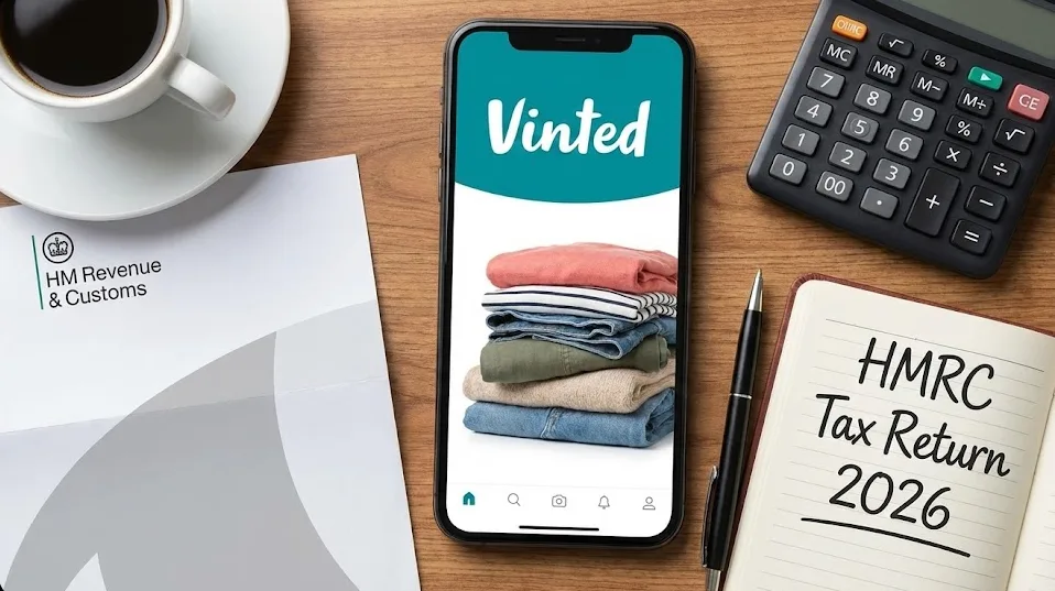 Professional and clean flat-lay of a smartphone and laptop used for online selling, representing tax compliance and Vinted sales tracking.