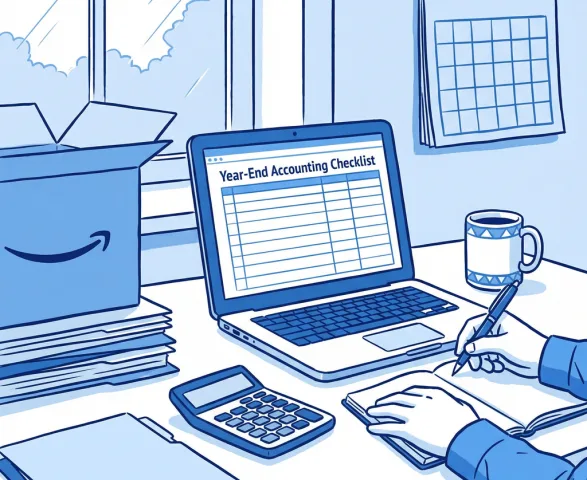 The Ultimate Year End Accounting Checklist for UK Limited Companies (Including Amazon Sellers) 6 An illustration of a person working at a desk with a calculator, an Amazon shipping box, and a laptop displaying a Year-End Accounting Checklist.