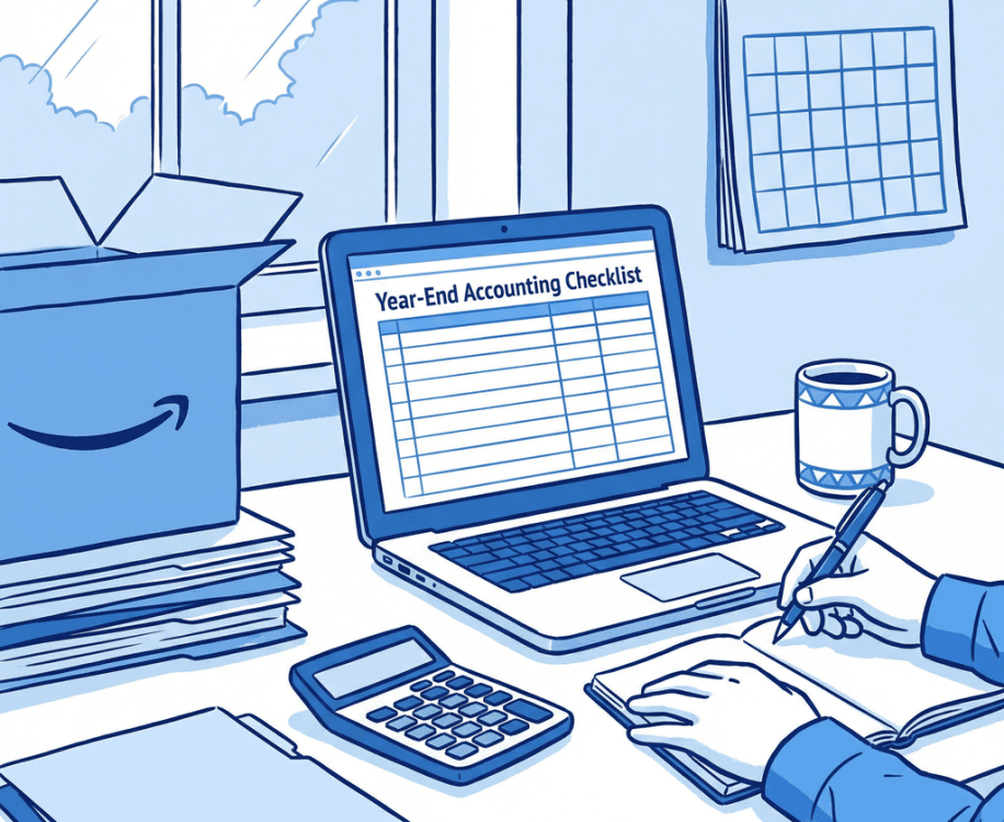 The Ultimate Year End Accounting Checklist for UK Limited Companies (Including Amazon Sellers) 1 An illustration of a person working at a desk with a calculator, an Amazon shipping box, and a laptop displaying a Year-End Accounting Checklist.