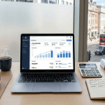 A professional, high-resolution flat-lay photograph of a clean, modern workspace desk in a London office. In the center, an open MacBook displays a sleek e-commerce dashboard featuring rising sales graphs, bar charts, British pound (£) symbols, and the logos for Amazon and eBay. To the right of the laptop, a slim digital calculator sits near a luxury fountain pen resting on an open notepad with "VAT Returns" handwritten at the top. Beside the notebook is a tidy stack of printed accounting records. On the left, a steaming blue mug of coffee and a small succulent add a touch of warmth. The background features a large, frosted window with a soft-focus (bokeh) view of a busy London street, complete with iconic red double-decker buses. The scene is illuminated by natural daylight with a professional palette of blues, greens, and whites.