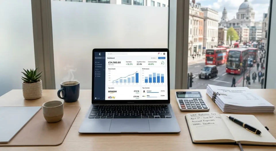 Marketplace VAT Traps: Read This Before HMRC Does 9 A professional, high-resolution flat-lay photograph of a clean, modern workspace desk in a London office. In the center, an open MacBook displays a sleek e-commerce dashboard featuring rising sales graphs, bar charts, British pound (£) symbols, and the logos for Amazon and eBay. To the right of the laptop, a slim digital calculator sits near a luxury fountain pen resting on an open notepad with "VAT Returns" handwritten at the top. Beside the notebook is a tidy stack of printed accounting records. On the left, a steaming blue mug of coffee and a small succulent add a touch of warmth. The background features a large, frosted window with a soft-focus (bokeh) view of a busy London street, complete with iconic red double-decker buses. The scene is illuminated by natural daylight with a professional palette of blues, greens, and whites.