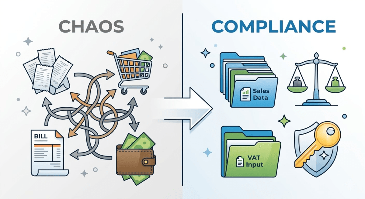 Infographic showing the separation of chaotic personal finances and compliant business records to prevent marketplace VAT traps.