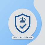 How to Get Your Companies House Personal Code via Approved Providers 5 A minimalistic verification badge on a split light blue and soft white background. Centered is a large white circle containing a dark blue shield with an inner white border. Inside the shield are a stylized blue crown and a checkmark. Below the circle is a small white rounded tag with dark blue text reading "CODE: CH-1234-5678-A". The left side features a blue gradient, the right side is solid white, separated by a soft curve.
