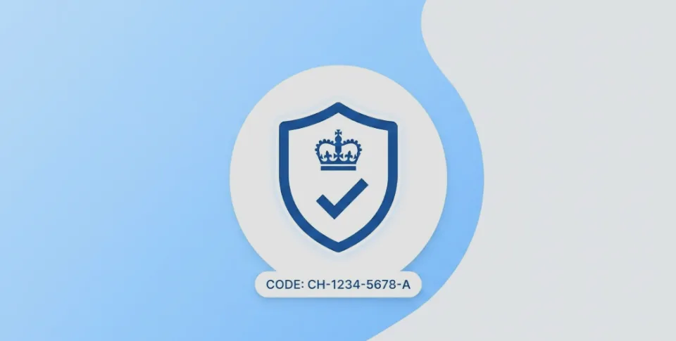 A minimalistic verification badge on a split light blue and soft white background. Centered is a large white circle containing a dark blue shield with an inner white border. Inside the shield are a stylized blue crown and a checkmark. Below the circle is a small white rounded tag with dark blue text reading "CODE: CH-1234-5678-A". The left side features a blue gradient, the right side is solid white, separated by a soft curve.