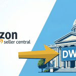 Gemini said A promotional graphic on a diagonally split white and blue background, with the Amazon Seller Central logo on the white side, and an illustration of a domed government building with a large "DWP" banner on the blue side. A yellow arrow points from the logo to the banner.