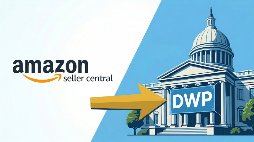 Gemini said A promotional graphic on a diagonally split white and blue background, with the Amazon Seller Central logo on the white side, and an illustration of a domed government building with a large "DWP" banner on the blue side. A yellow arrow points from the logo to the banner.