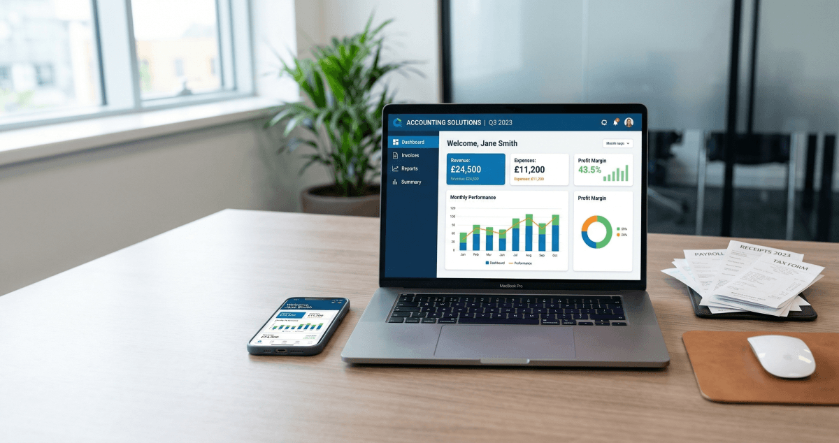 A professional accountant managing digital records on a laptop for MTD for Income Tax compliance.