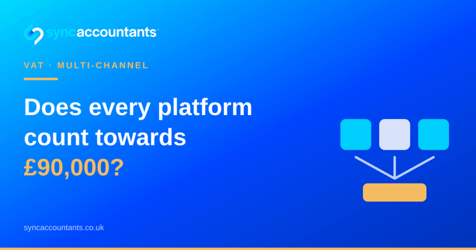 Sync Accountants title card reading "Does every platform count towards £90,000?", tagged VAT and multi-channel.