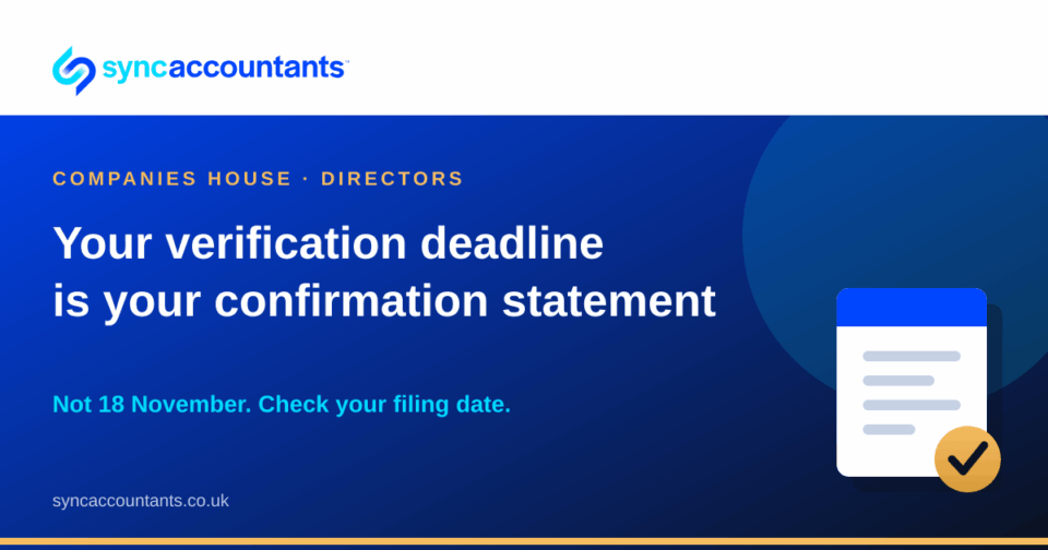 Sync Accountants title card reading "Your verification deadline is your confirmation statement", with the line "Not 18 November"