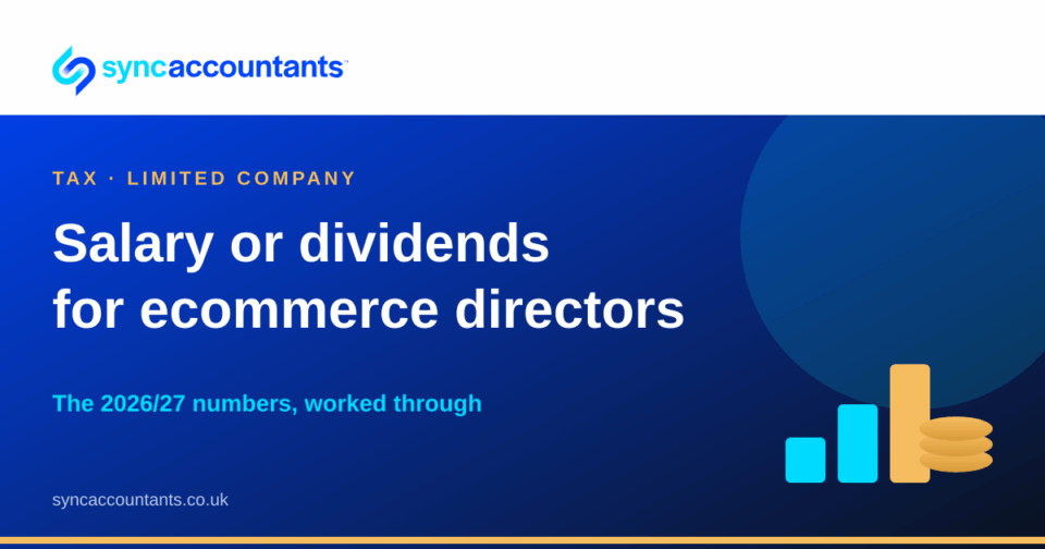 Sync Accountants title card reading "Salary or dividends for ecommerce directors", with the 2026/27 numbers worked through