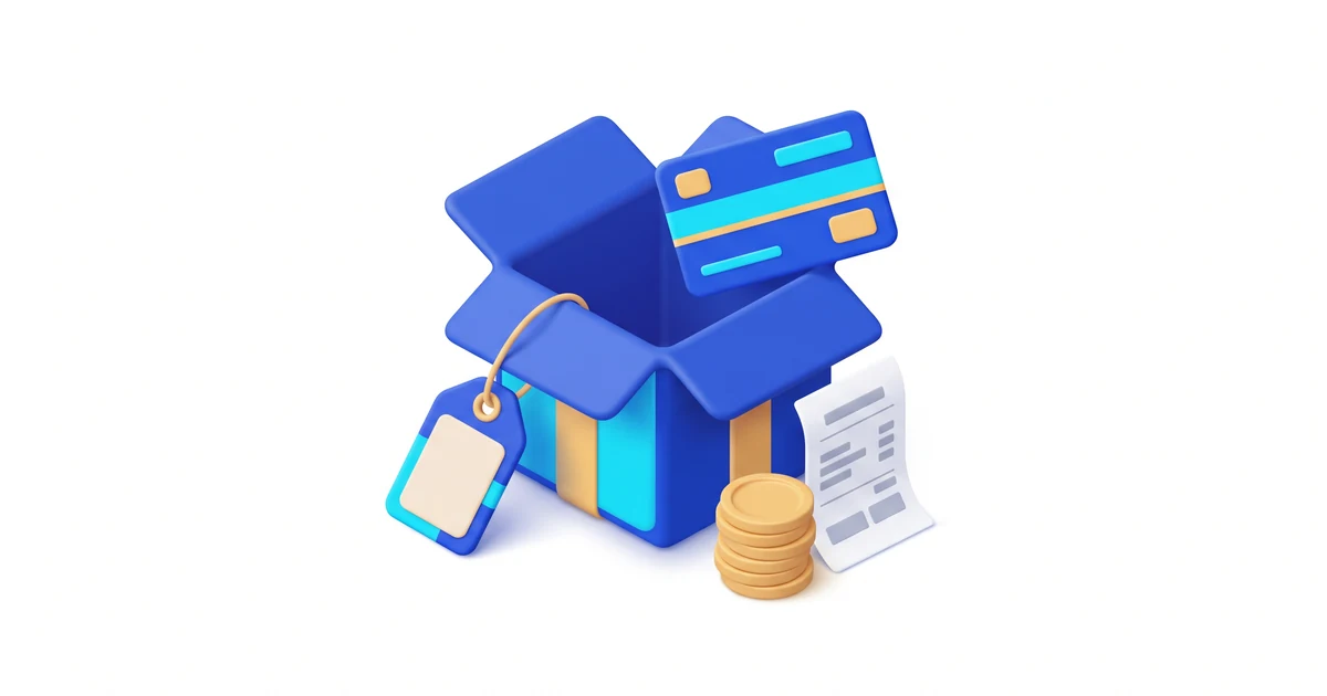 A 3D isometric parcel with a gift card, price tag, coins and receipt, illustrating VAT on discounts and vouchers for online sellers