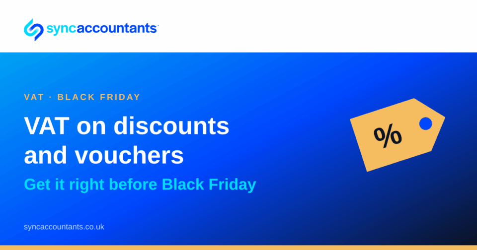 Sync Accountants title card reading "VAT on discounts and vouchers", with the line "Get it right before Black Friday"