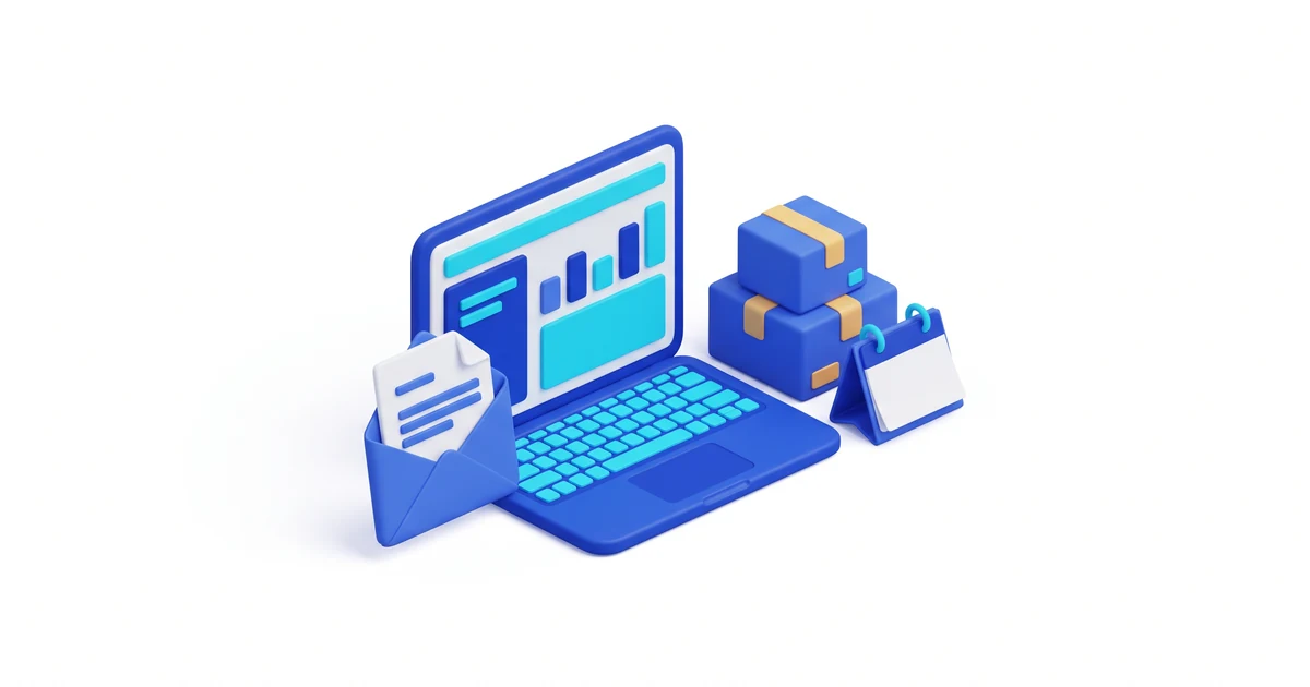 HMRC signed me up for Making Tax Digital illustration: an opened envelope with a letter beside a laptop showing a sales dashboard, a stack of parcels and a desk calendar