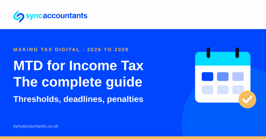 Sync Accountants title card reading "MTD for Income Tax, the complete guide: thresholds, deadlines, penalties", with a calendar icon.