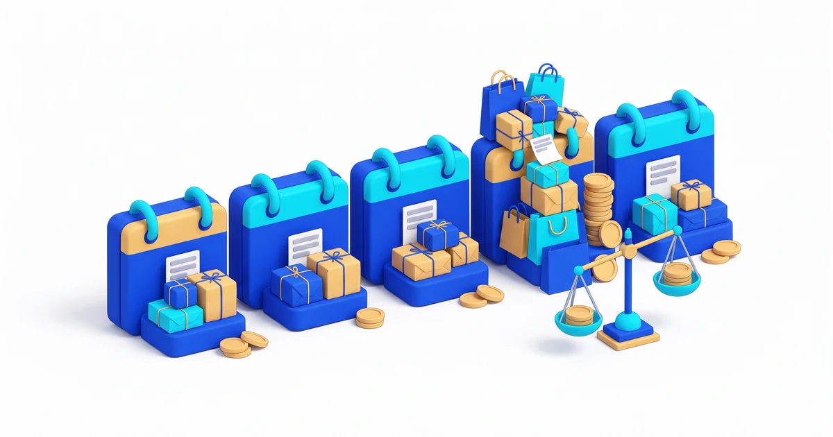 Universal Credit self-employed illustration: a row of monthly calendar blocks with small parcel stacks, one month piled high with Black Friday parcels, shopping bags and coins beside a tipping balance scale