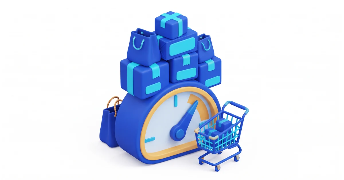 VAT Threshold and Black Friday: What Happens If Q4 Tips You Over £90,000 5 Illustration for the VAT threshold Black Friday guide: parcels and shopping bags stacked on a sales gauge whose needle has swung into the upper zone, beside a shopping cart