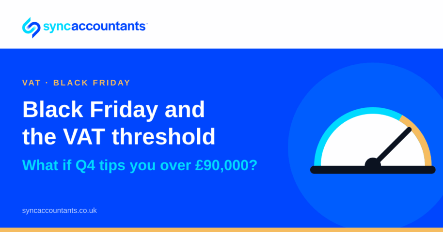 Sync Accountants title card reading "Black Friday and the VAT threshold", with the line "What if Q4 tips you over £90,000?"